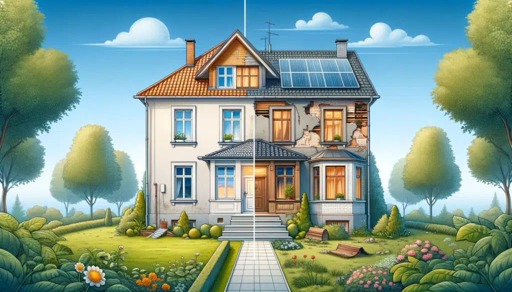 Une représentation artistique de la rénovation d'une maison individuelle, affichée dans un format paysage. L'image montre une maison à deux étages avec une moitié avant rénovée et l'autre moitié encore dans son état d'origine pour montrer le contraste avant et après la rénovation. La partie rénovée présente une façade moderne avec des fenêtres à double vitrage, une isolation extérieure fraîche, et un toit avec des panneaux solaires. L'autre moitié montre des murs écaillés et un toit vieillissant. Un jardin bien entretenu avec des arbres et un chemin menant à la maison complète la scène, et un ciel bleu clair avec quelques nuages donne un fond serein et inspirant pour la rénovation