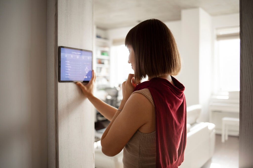 Jeune femme utilisant un appareil pour contrôler à distance les équipements de la maison